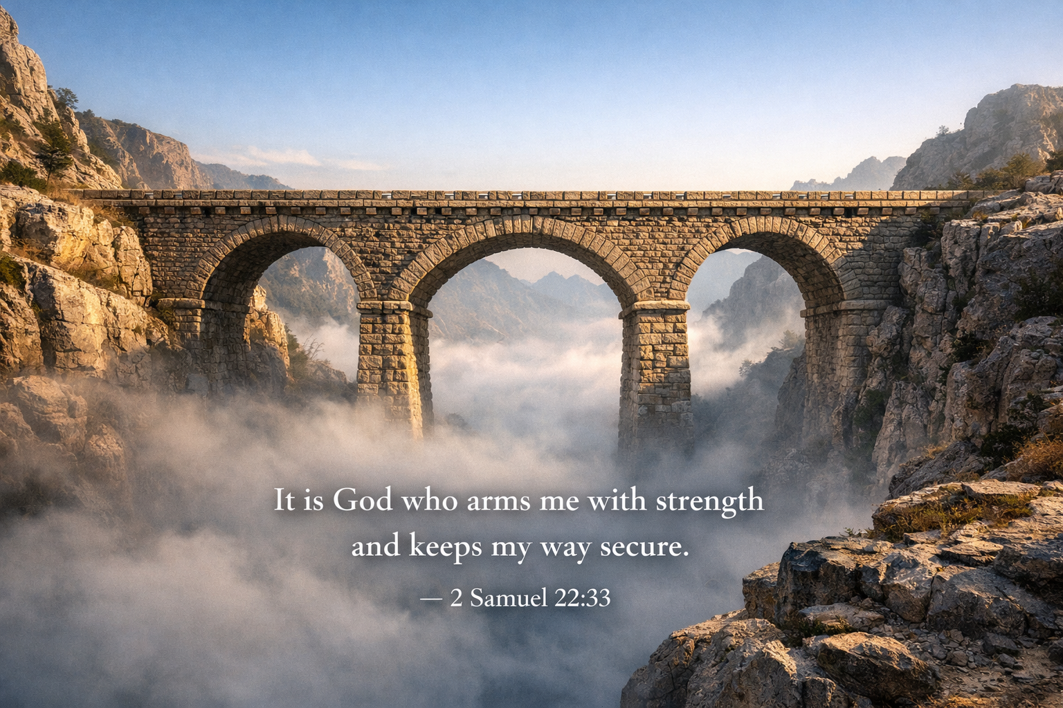 Bible verse wallpaper 2 Samuel 22:33 with stone bridge across chasm with solid arches and morning fog below